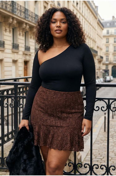 Dark brown hem ruffled knitted lace plus size skirt