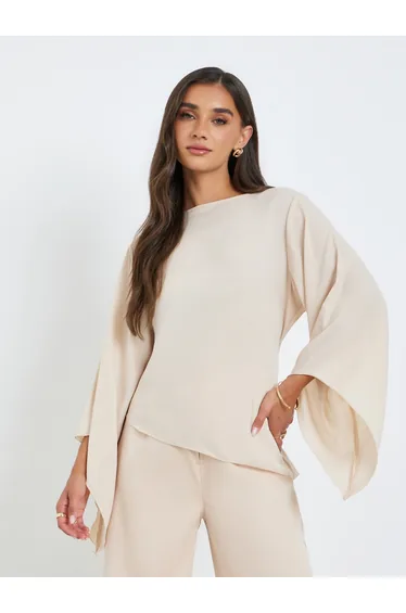 Women Beige Batwing Sleeve Asymmetric Hem Blouse