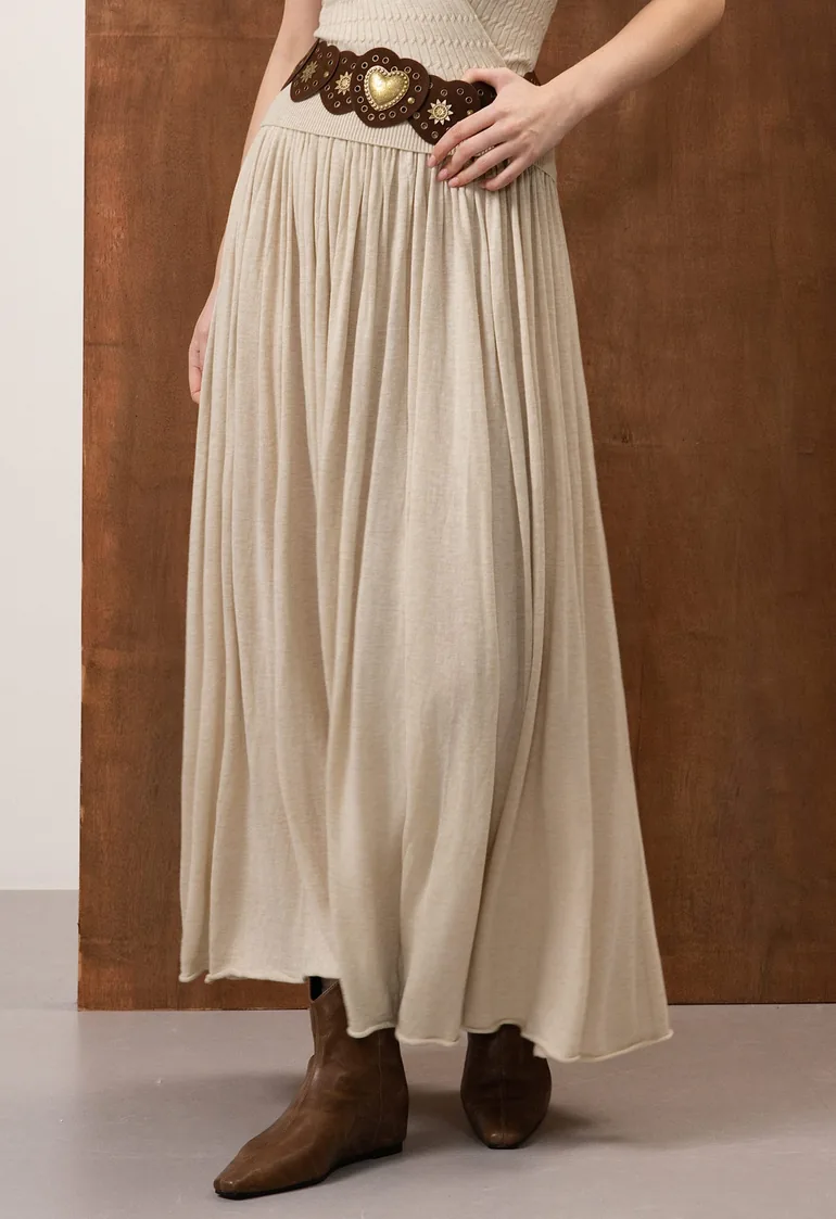 Natural Roll Hem Detail Knit Maxi Skirt in Oatmeal f - 1