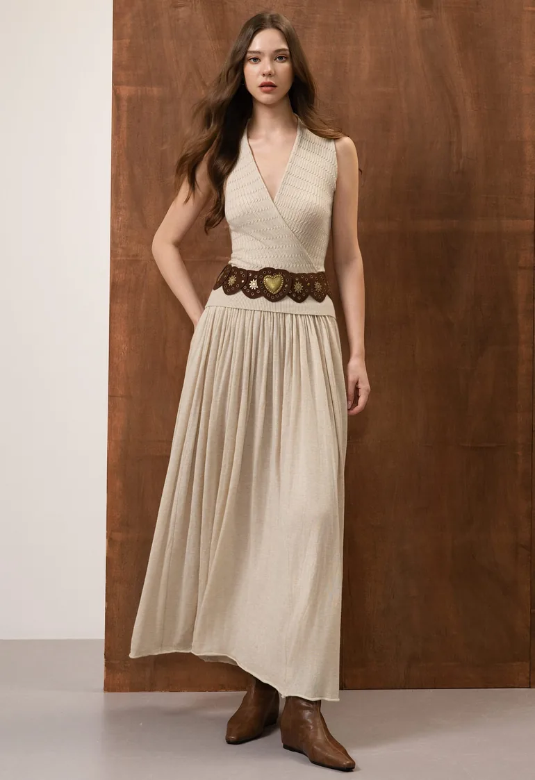 Natural Roll Hem Detail Knit Maxi Skirt in Oatmeal f - 4
