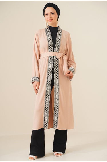 Knitted Long Kimono with Embroidery - Biscuit