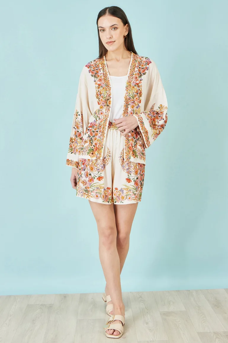 Yumi Ivory Viscose Floral Border Kimono With Tie Belt - 1