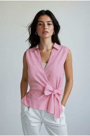 Pink Striped Double Breasted Tie Detailed Woven Blouse