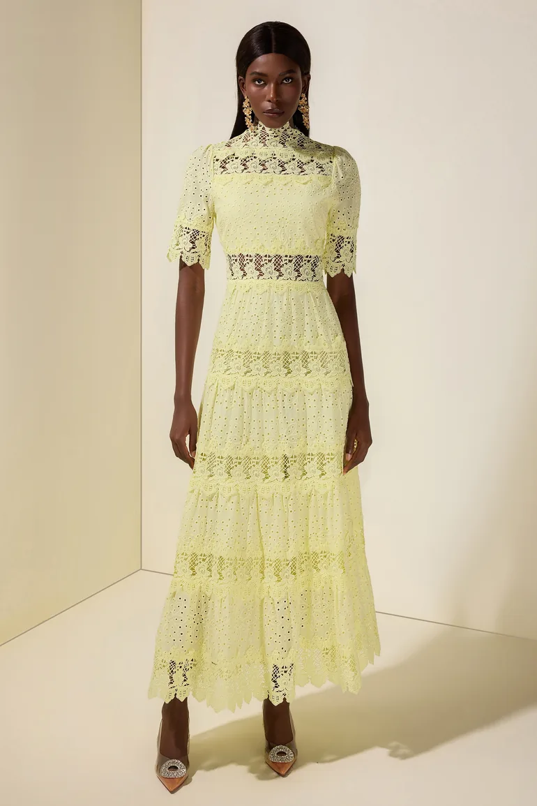 Lace Embroidered Stand Collar Midi Dress JardinVue : Premium Dresses : VogaCloset Kuwait Lace Embroidered Stand Collar Midi Dress JardinVue : Premium Dresses : VogaCloset Kuwait