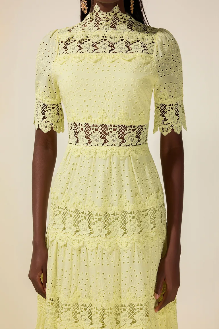 Lace Embroidered Stand Collar Midi Dress JardinVue : Premium Dresses : VogaCloset Kuwait Lace Embroidered Stand Collar Midi Dress JardinVue : Premium Dresses : VogaCloset Kuwait