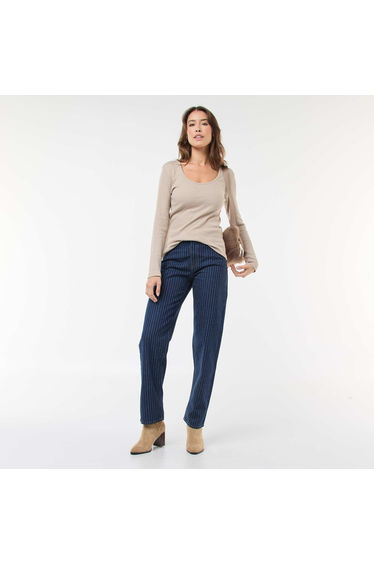 Long-Sleeved Ribbed T-Shirt BEIGE