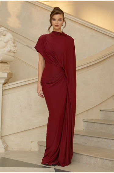 Fenella Red Asymmetrical Draped Cape & Dress Matching Set