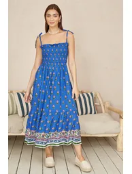 Yumi Blue Strappy Paisley Print Midi Dress With Ruched Bodice - 4