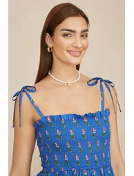 Yumi Blue Strappy Paisley Print Midi Dress With Ruched Bodice - 1
