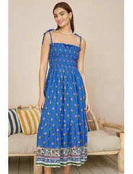 Yumi Blue Strappy Paisley Print Midi Dress With Ruched Bodice - 8