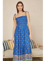 Yumi Blue Strappy Paisley Print Midi Dress With Ruched Bodice - 5