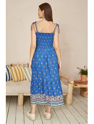 Yumi Blue Strappy Paisley Print Midi Dress With Ruched Bodice - 2