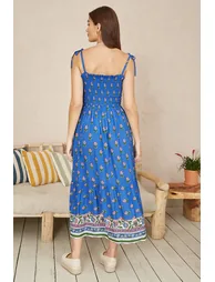 Yumi Blue Strappy Paisley Print Midi Dress With Ruched Bodice - 7