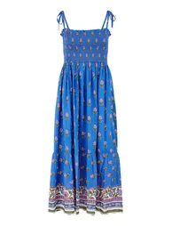 Yumi Blue Strappy Paisley Print Midi Dress With Ruched Bodice - 10