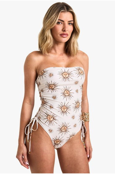 Celestial Print Ruched Bandeau Swimsuit - beige
