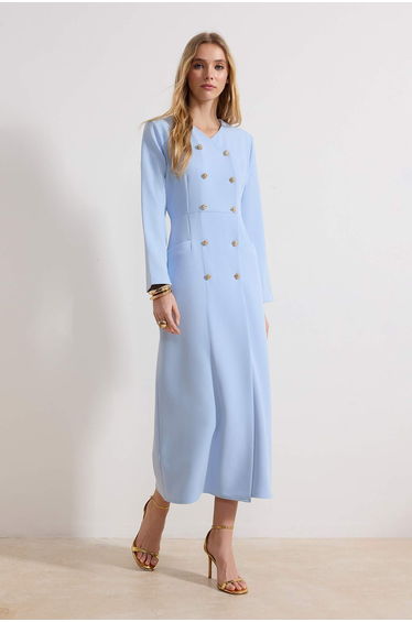Blue Buttoned Woven Fabric Dress