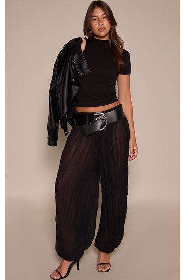 Black Textured Sheer Balloon Hem Trousers