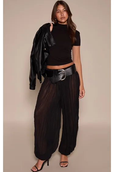 Black Textured Sheer Balloon Hem Trousers