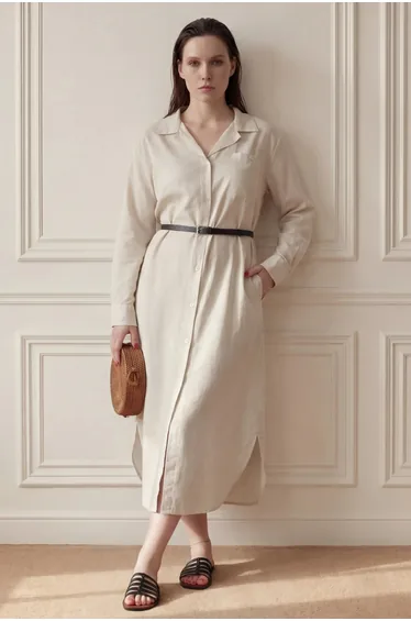 MY FASHION Linen Blend Midi Dress with Button Closure and Pocket