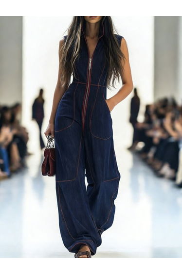 High Waisted Sleeveless Pockets Zipper Stand Collar Jumpsuits