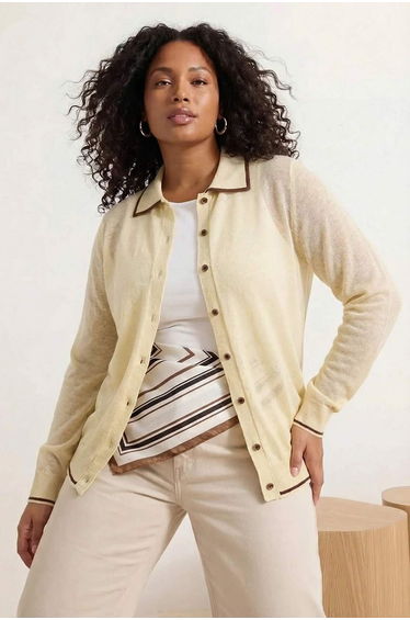 Yellow Polo Collar See-Through Thin Summer Knitwear Blouse-Looking Thin Cardigan