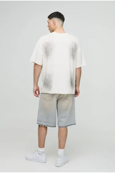 Ripped Denim Jorts In Washed Ice Grey - ice grey