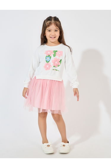Crochet Applique Flower Sweatshirt With Mesh Hem Dress