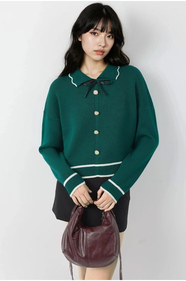 MY FASHION Textured Polo Neck Knit Sweater with Ribbon Detail