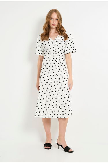 Spot Jersey Ruched Puff Sleeve Midi Dress