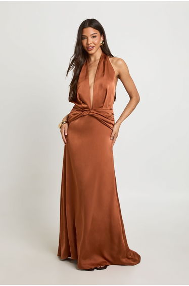 Plunge Front Open Back Satin Maxi Dress - spice