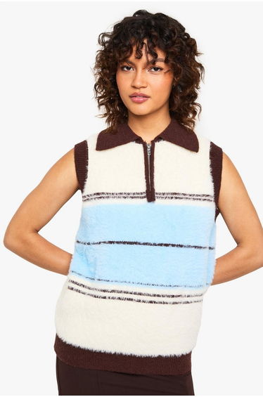 Super Soft Knitted Contrast Stripe Collared Knitted Vest - multi