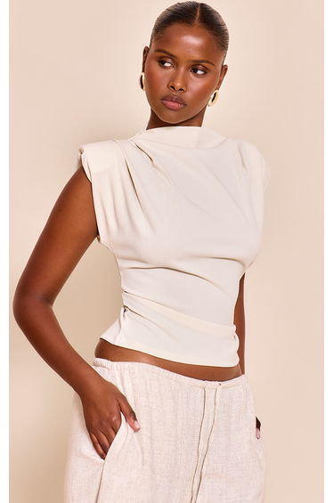 Almond Shoulder Pad Pleated Boat Neck Top