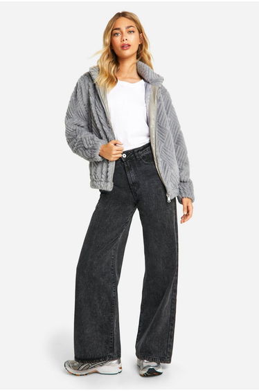 Textured Faux Fur Jacket - grey