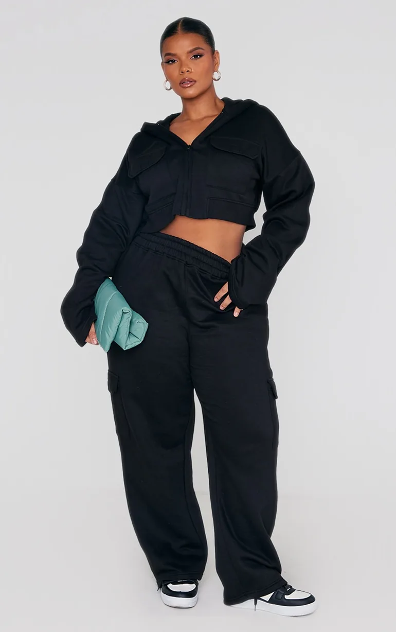 Plus Black Zip Up Cargo Crop Hoodie - 2