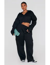 Plus Black Zip Up Cargo Crop Hoodie - 2
