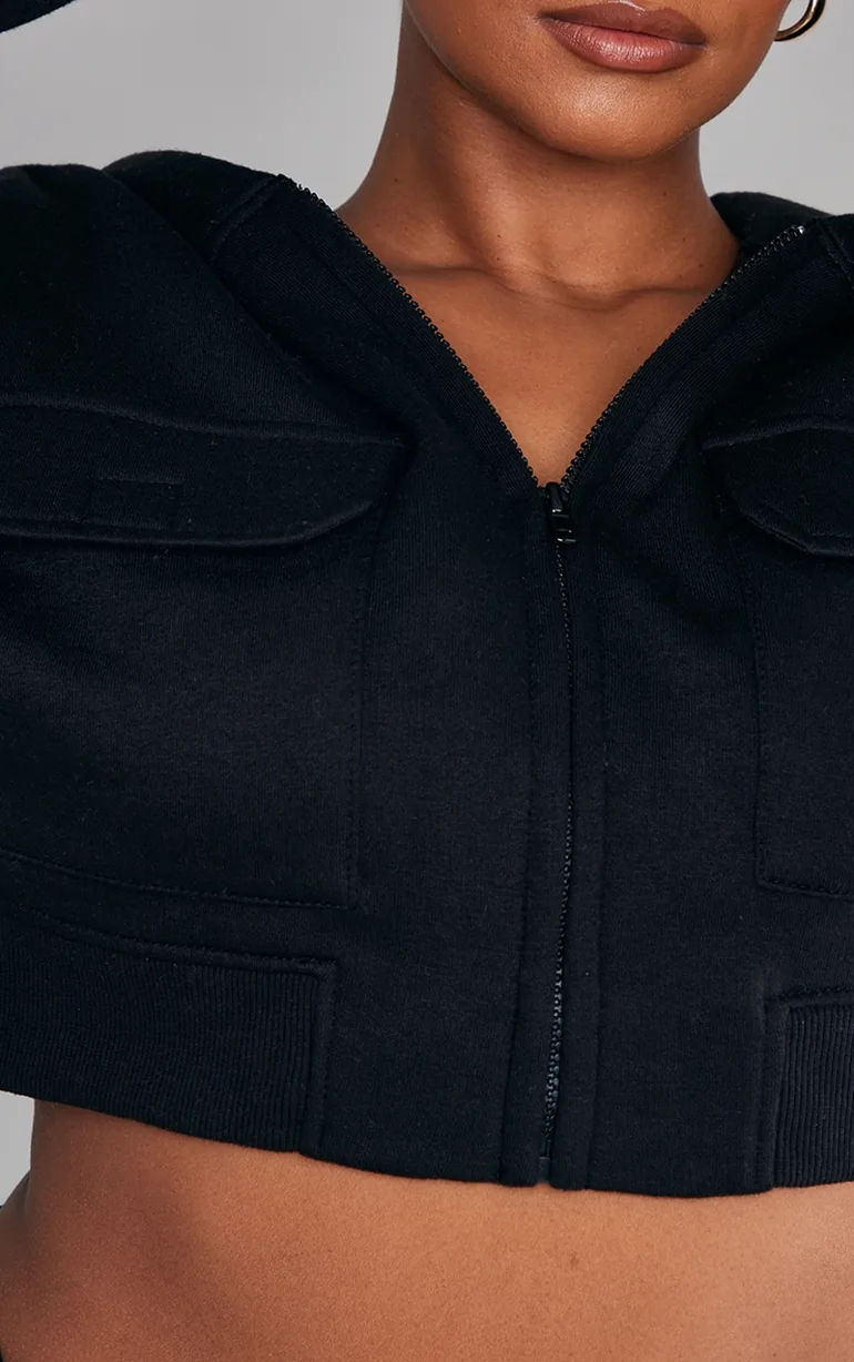 Plus Black Zip Up Cargo Crop Hoodie - 3