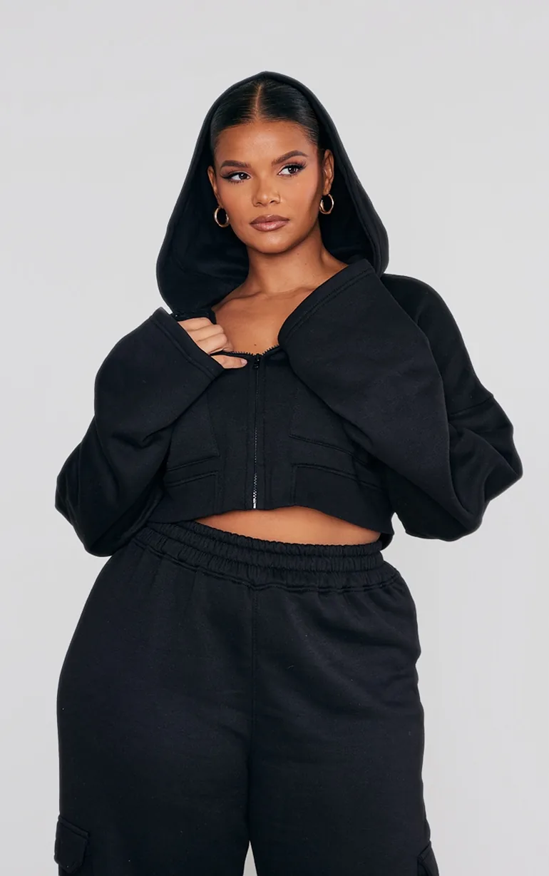 Plus Black Zip Up Cargo Crop Hoodie