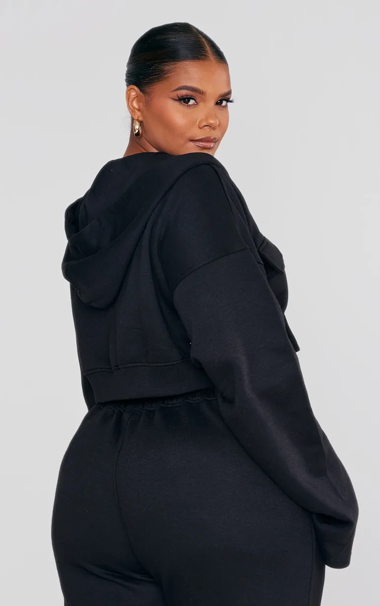 Plus Black Zip Up Cargo Crop Hoodie - 1