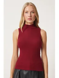 Women's Burgundy Turtleneck Knitted Cotton Blouse - 3
