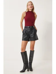 Women's Burgundy Turtleneck Knitted Cotton Blouse - 2