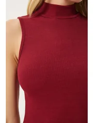 Women's Burgundy Turtleneck Knitted Cotton Blouse - 4