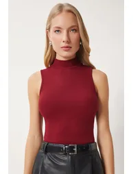 Women's Burgundy Turtleneck Knitted Cotton Blouse