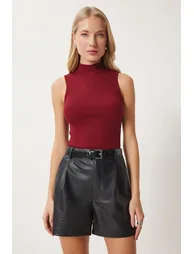 Women's Burgundy Turtleneck Knitted Cotton Blouse - 1