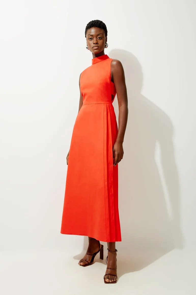 Shop Tailored Premium Linen Pleated Panel Midaxi Dress Online in Oman
