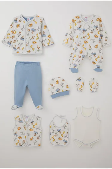 Baby Boy Hospital Discharge Set, 8-Piece Safari Adventure, Cute Animal Pattern, Off-White