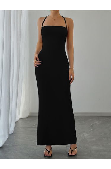 Women Black Halter Neck Sleeveless Bodycon Maxi Dress