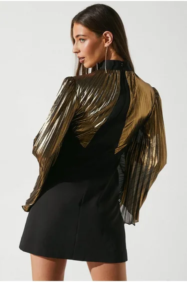 High Neck Pleated Metallic Flare Sleeve Mini Dress