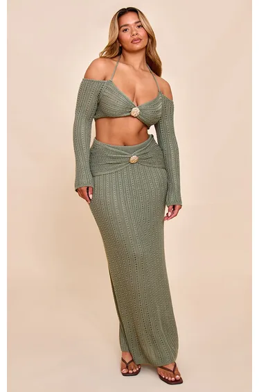 Shape Khaki Crochet Gold Hammered Trim Maxi Skit