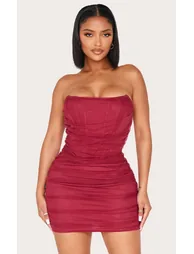 Shape Burgundy Mesh Corseted Detail Ruched Bodycon Dress - 5