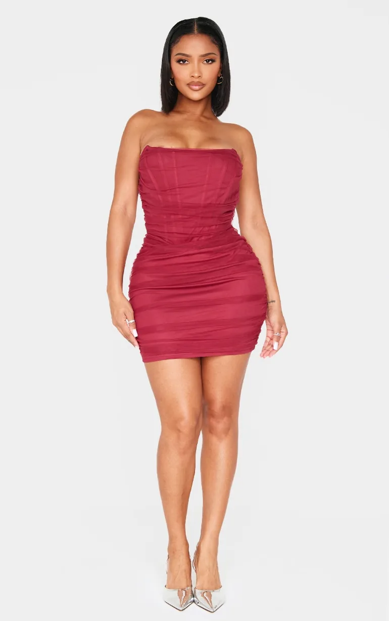 Shape Burgundy Mesh Corseted Detail Ruched Bodycon Dress Prettylittlething  Red : Party Dresses : VogaCloset Qatar
